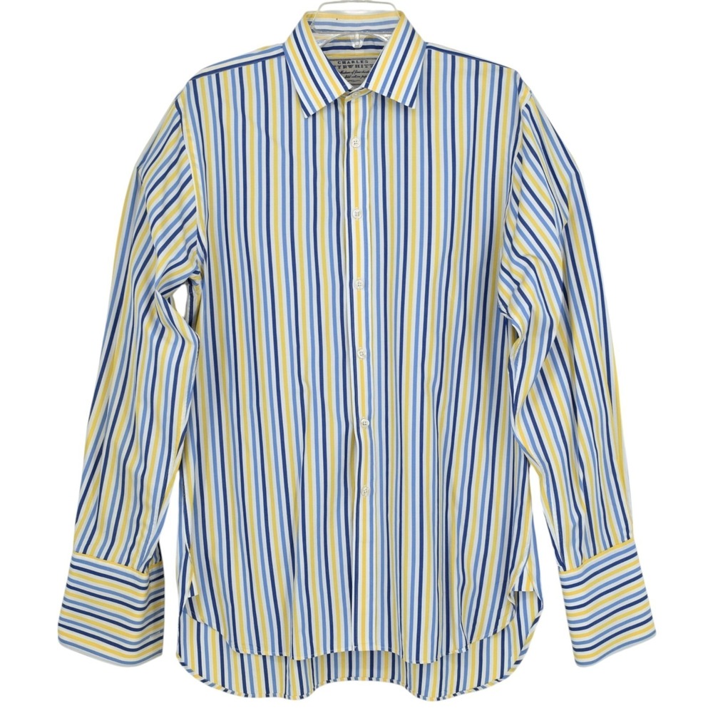 Charles Tyrwhitt Mens 16/36 Slim Fit French Cuff Dress Shirt Blue Yellow Striped